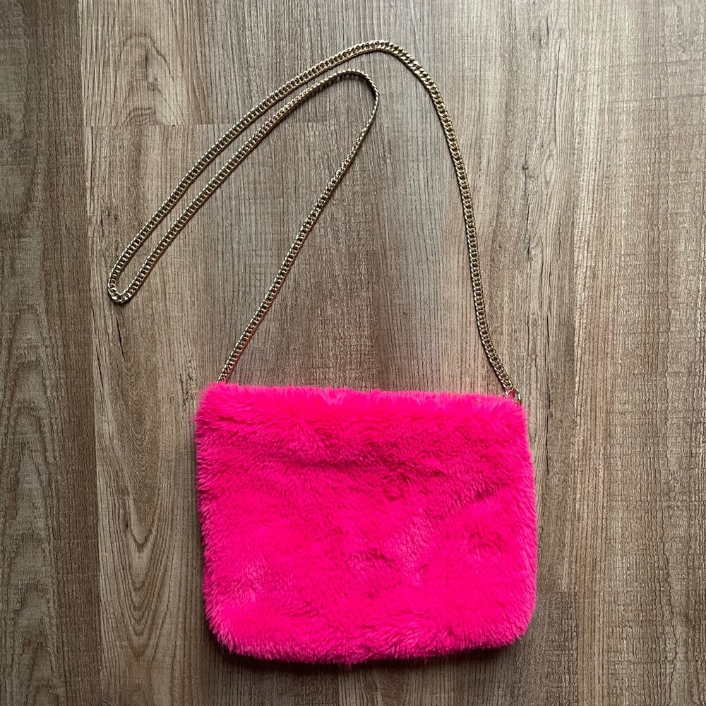 Hot Pink Sherpa Fuzzy Faux Fur Purse Bag Zipper Pouch with Crossbody Gold Chain